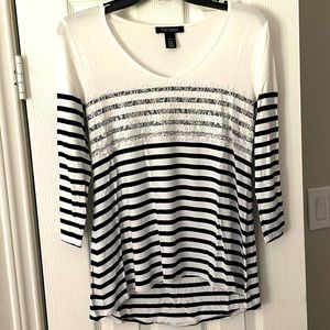 Women 3/4 Sleeve White / Navy Stripes with sequence/Lace accent on the front
